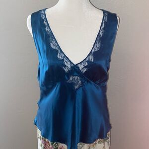 Vintage Dorothy Biss Blue Satin Lace Trim Top